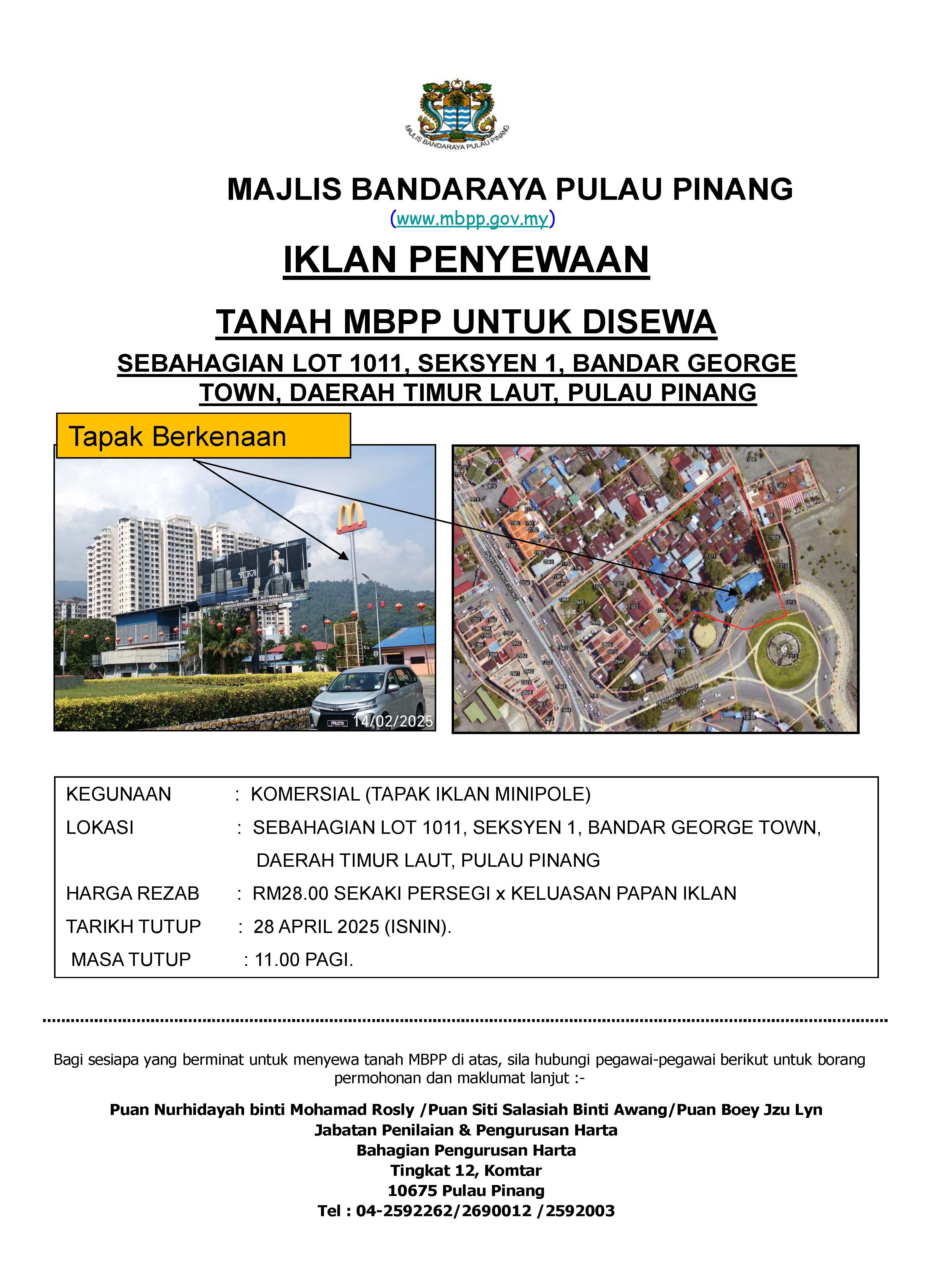 PENYEWAAN TANAH MILIKAN MAJLIS SEBAHAGIAN LOT 1011, SEKSYEN 1, BANDAR GEORGE TOWN, DAERAH TIMUR LAUT, PULAU PINANG