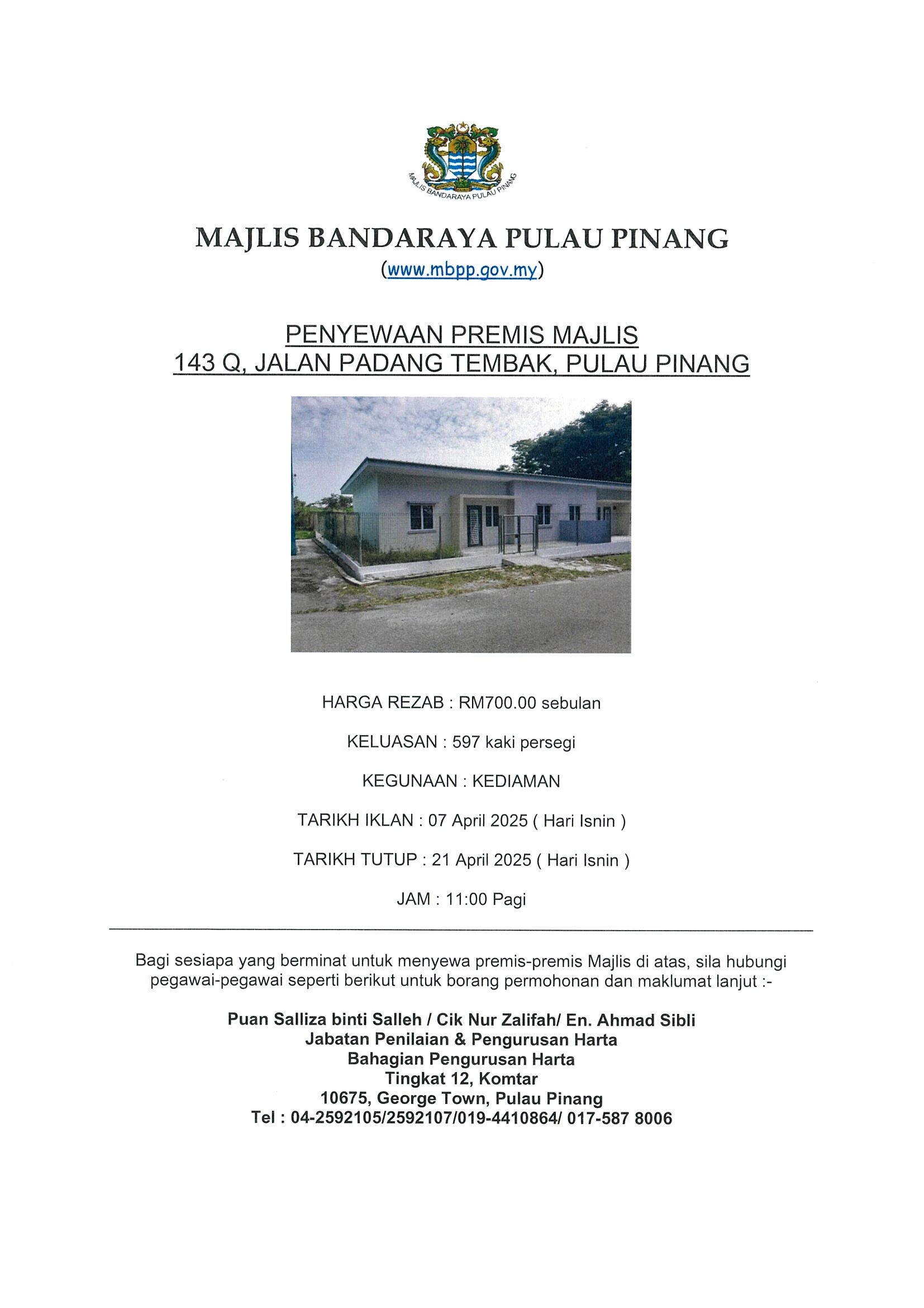 PENYEWAAN PREMIS MAJLIS NO.143 Q, JALAN PADANG TEMBAK, PULAU PINANG