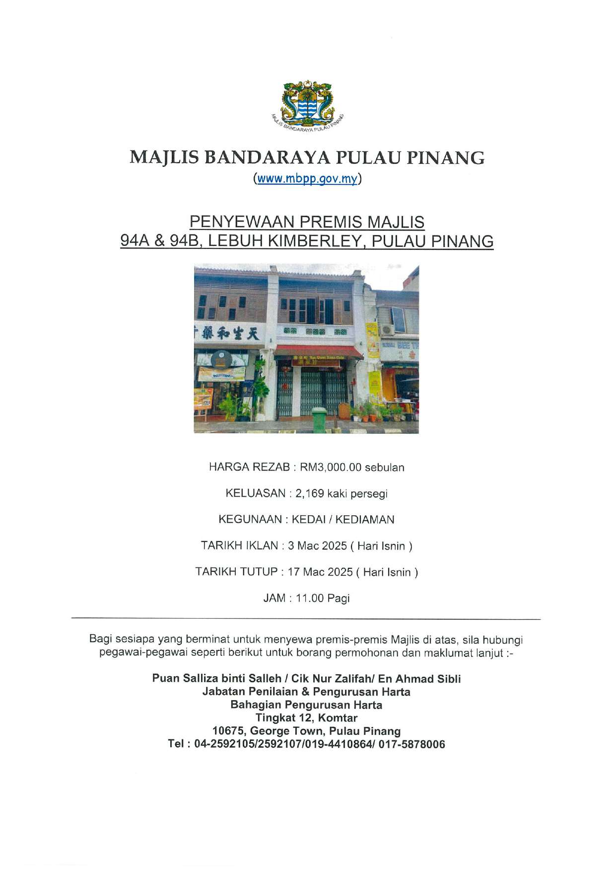 PENYEWAAN PREMIS MAJLIS NO.94A & 94B, LEBUH KIMBERLEY, PULAU PINANG