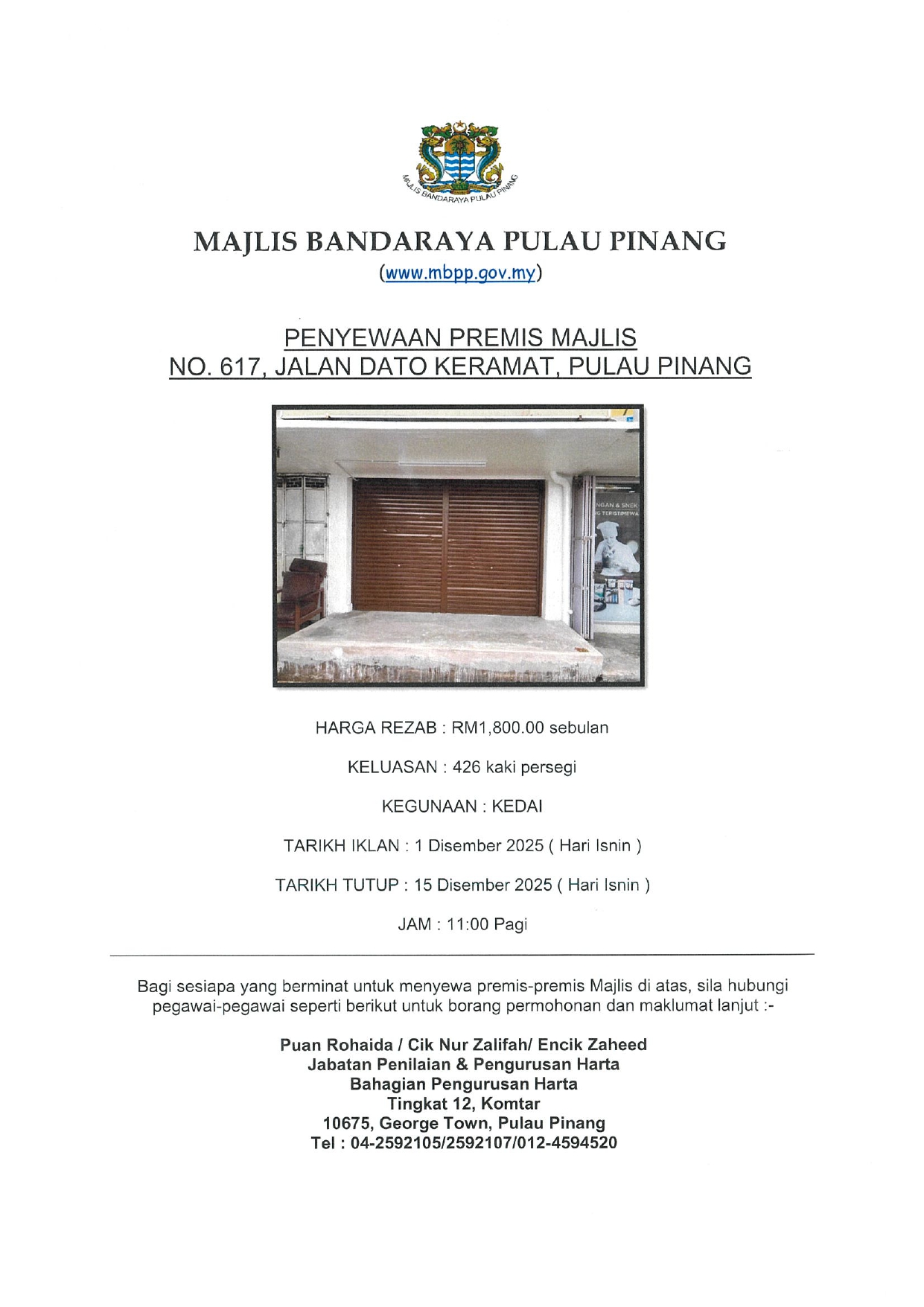 IKLAN PENYEWAAN PREMIS MAJLIS NO.617 JALAN DATO KERAMAT PULAU PINANG 2025 page 0001