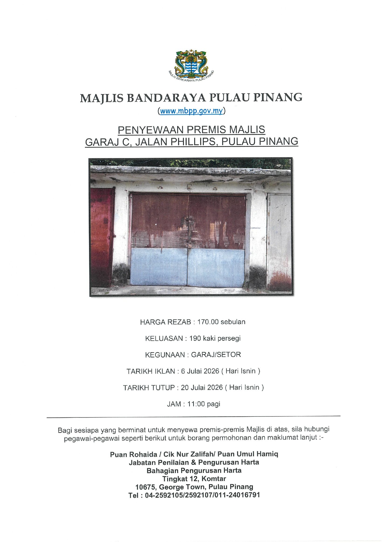 IKLAN PENYEWAAN PREMIS MAJLIS GARAJ C JALAN PHILLIPS PULAU PINANG 2026 page 0001