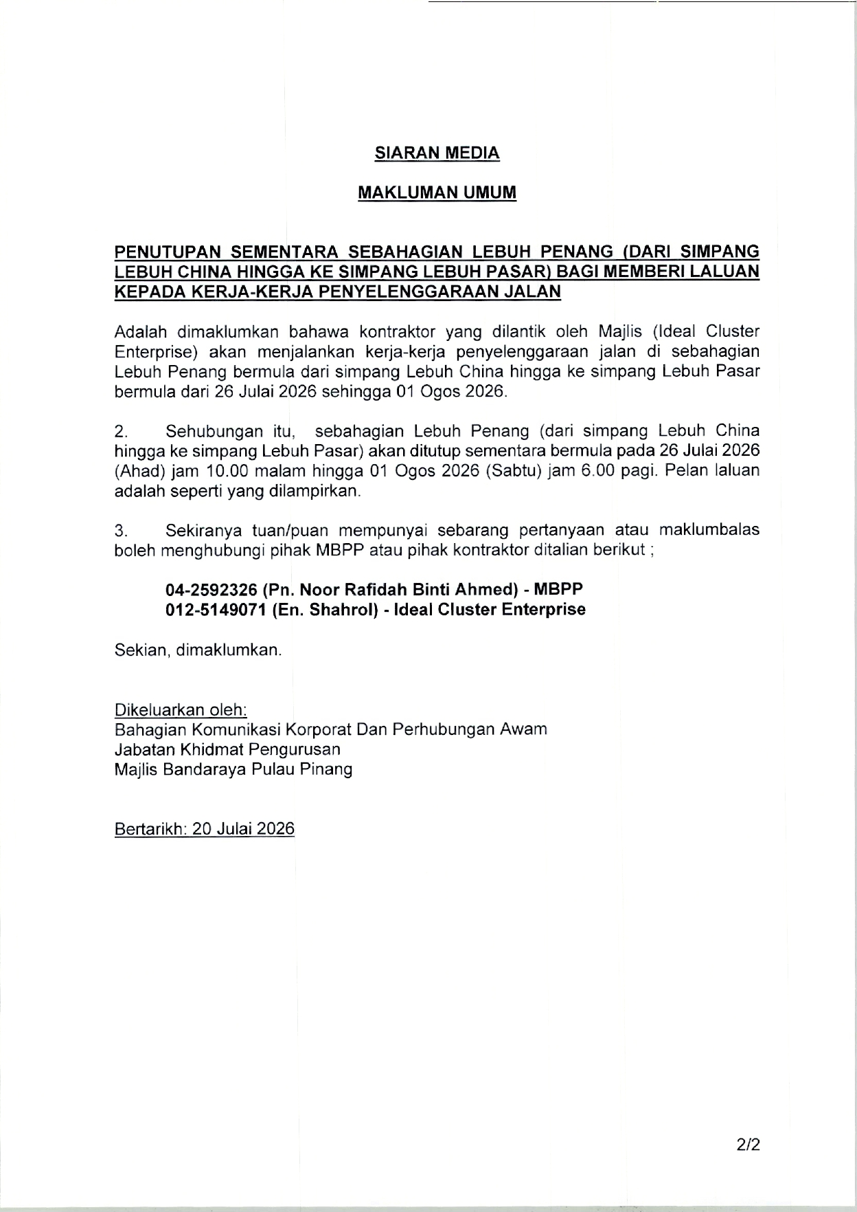 MAKLUMAN UMUM   PENUTUPAN LEBUH PENANG KE SIMPANG LEBUH PASAR page 0001